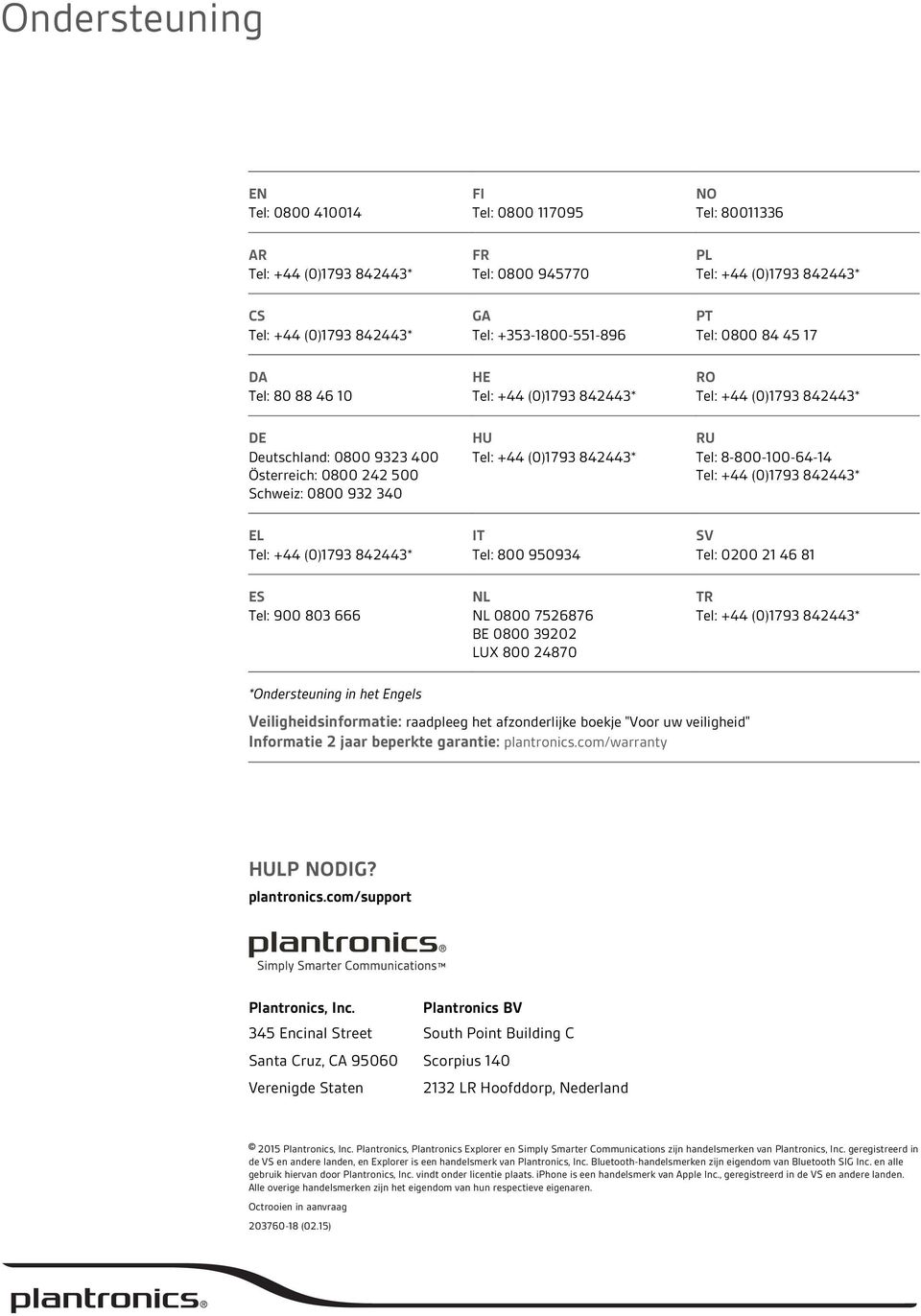 *Ondersteuning in het Engels Veiligheidsinformatie: raadpleeg het afzonderlijke boekje "Voor uw veiligheid" Informatie 2 jaar beperkte garantie: plantronics.com/warranty HULP NODIG? plantronics.com/support Plantronics, Inc.