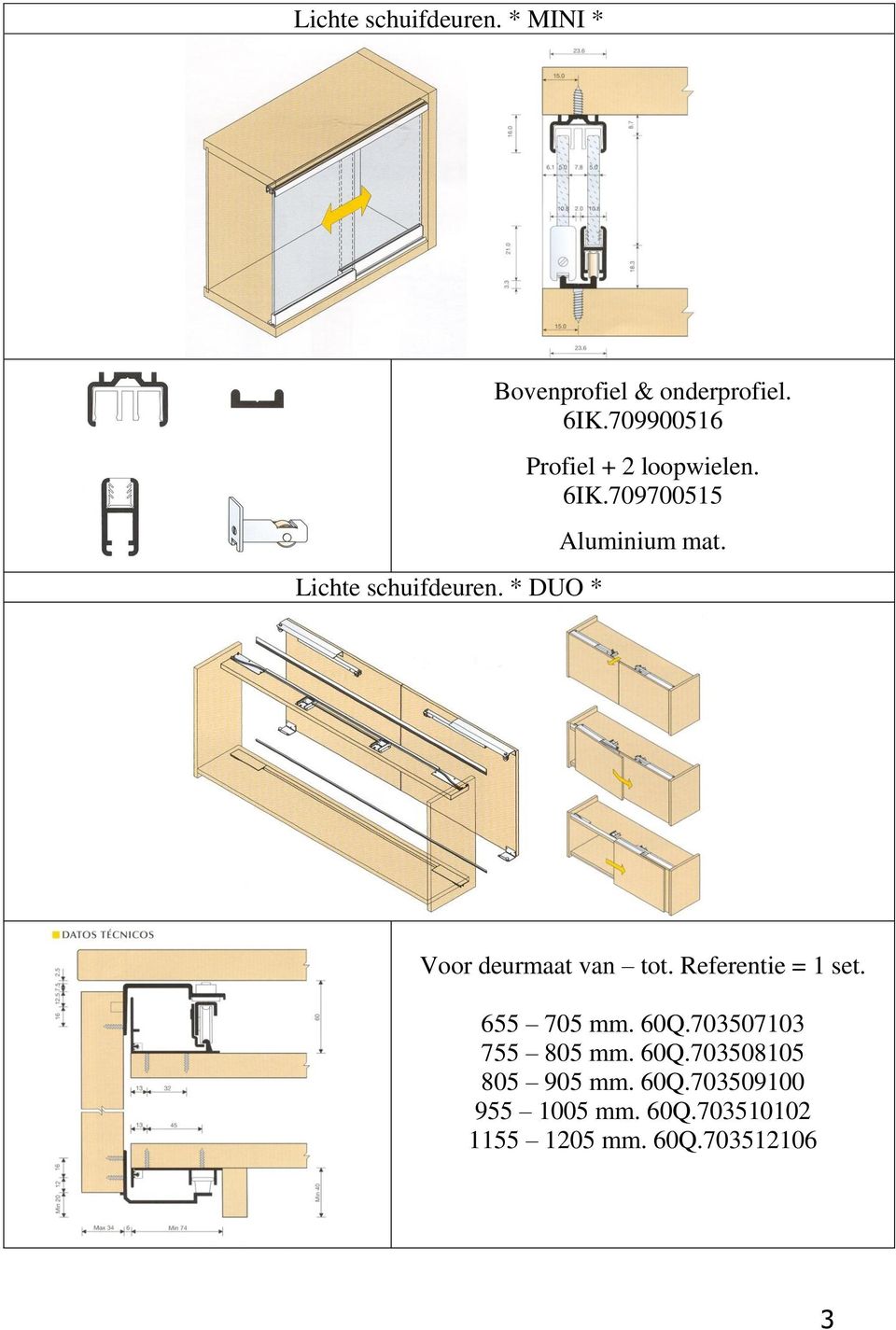 Voor deurmaat van tot. Referentie = 1 set. 655 705 mm. 60Q.703507103 755 805 mm.