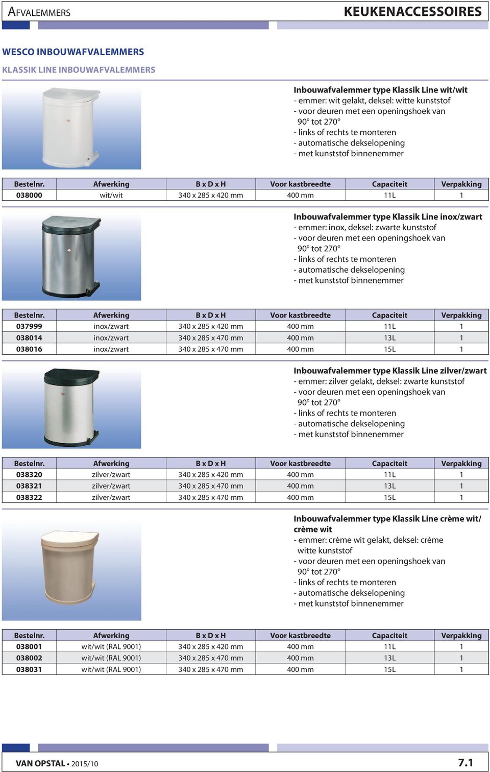 Afwerking B x D x H Voor kastbreedte Capaciteit Verpakking 038000 wit/wit 340 x 285 x 420 mm 400 mm 11L 1 Inbouwafvalemmer type Klassik Line inox/zwart - emmer: inox, deksel: zwarte kunststof - voor