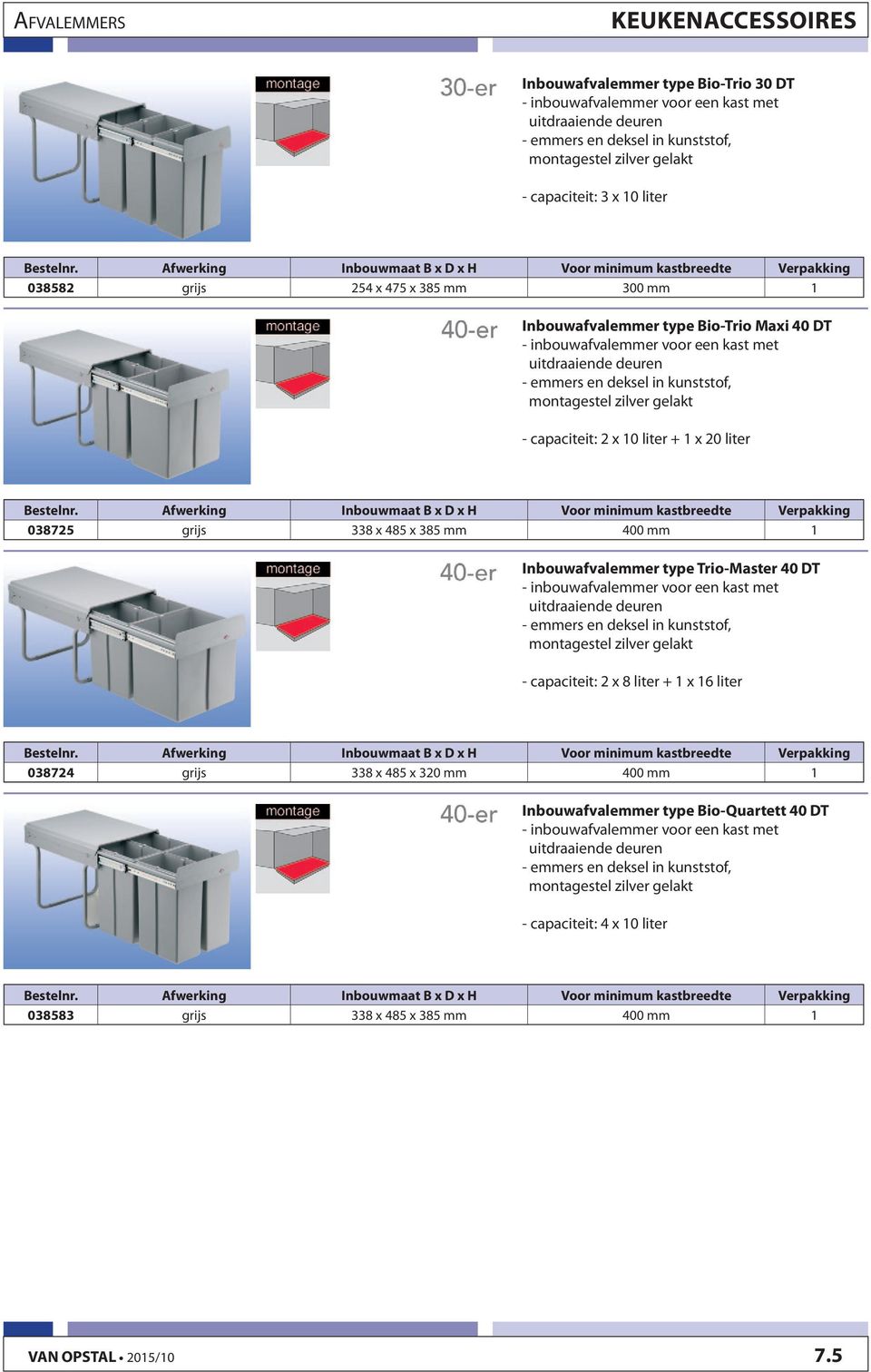 capaciteit: 2 x 10 liter + 1 x 20 liter 038725 grijs 338 x 485 x 385 mm 400 mm 1 Inbouwafvalemmer type Trio-Master 40 DT - inbouwafvalemmer voor een kast met uitdraaiende deuren - emmers en deksel in