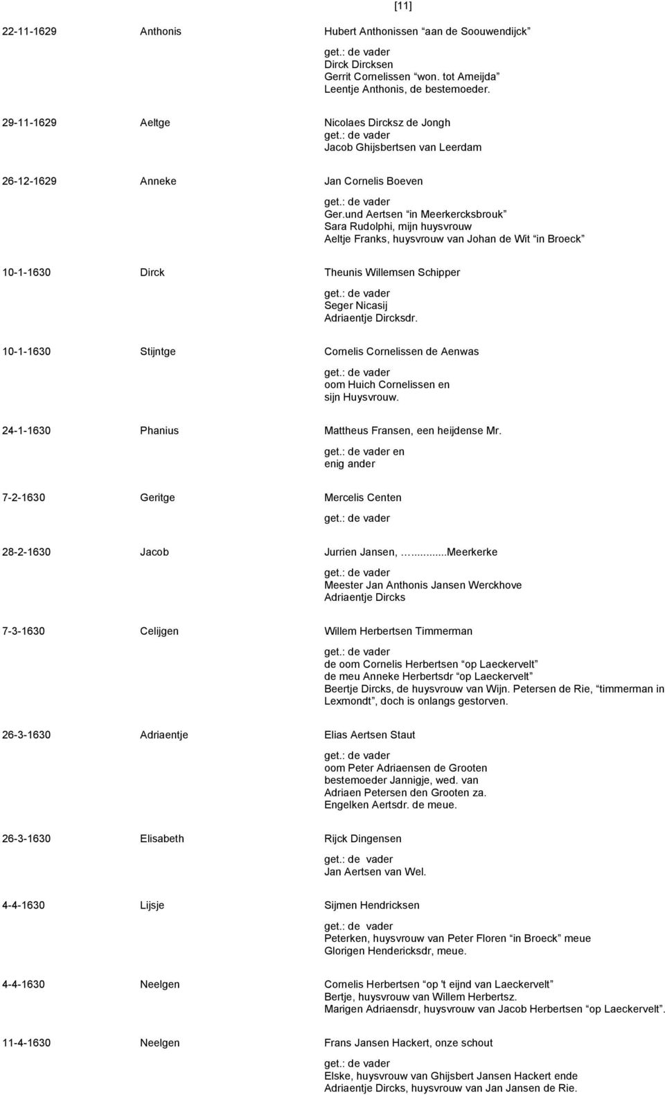 und Aertsen in Meerkercksbrouk Sara Rudolphi, mijn huysvrouw Aeltje Franks, huysvrouw van Johan de Wit in Broeck 10-1-1630 Dirck Theunis Willemsen Schipper Seger Nicasij Adriaentje Dircksdr.