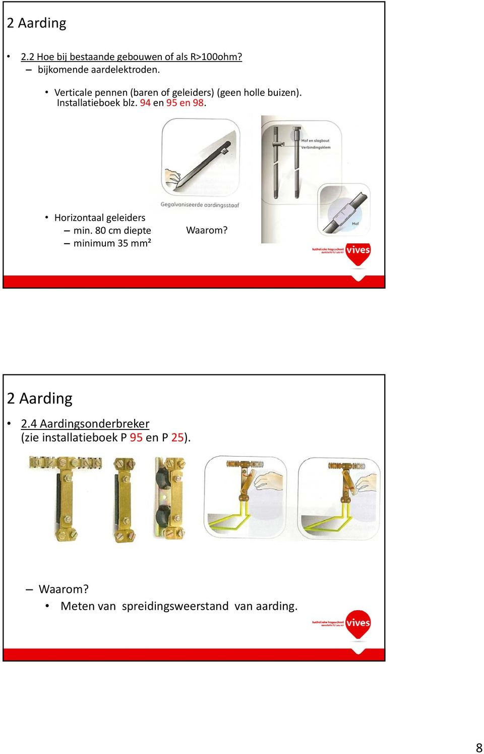 94 en 95 en 98. Horizontaal geleiders min. 80 cm diepte minimum 35 mm² Waarom? 2 Aarding 2.