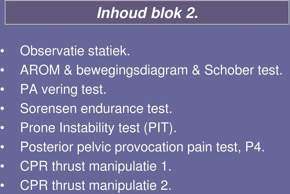 Sorensen endurance test. Prone Instability test (PIT).