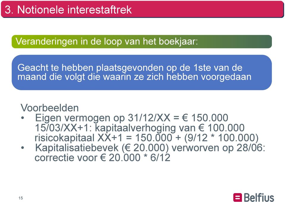 Eigen vermogen op 31/12/XX = 150.000 15/03/XX+1: kapitaalverhoging van 100.