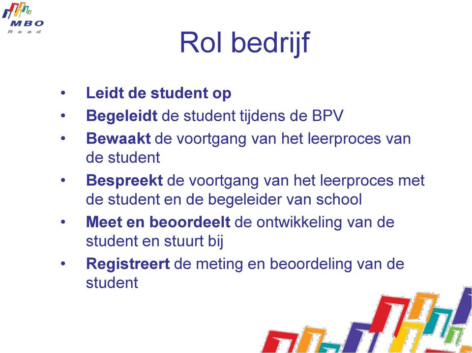 leerproces met de student en de begeleider van school Meet en beoordeelt de