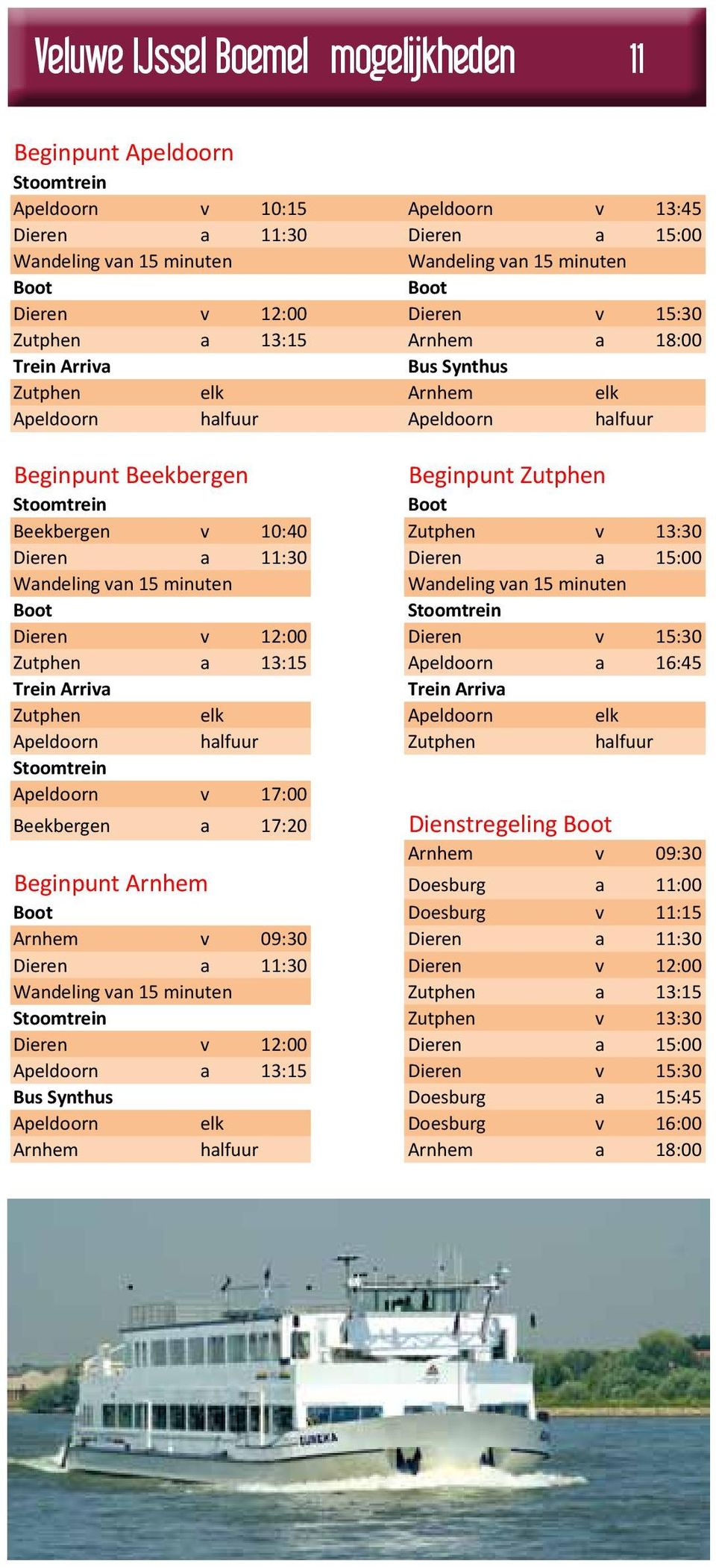 Beekbergen v 10:40 Zutphen v 13:30 Dieren a 11:30 Dieren a 15:00 Wandeling van 15 minuten Wandeling van 15 minuten Boot Stoomtrein Dieren v 12:00 Dieren v 15:30 Zutphen a 13:15 Apeldoorn a 16:45