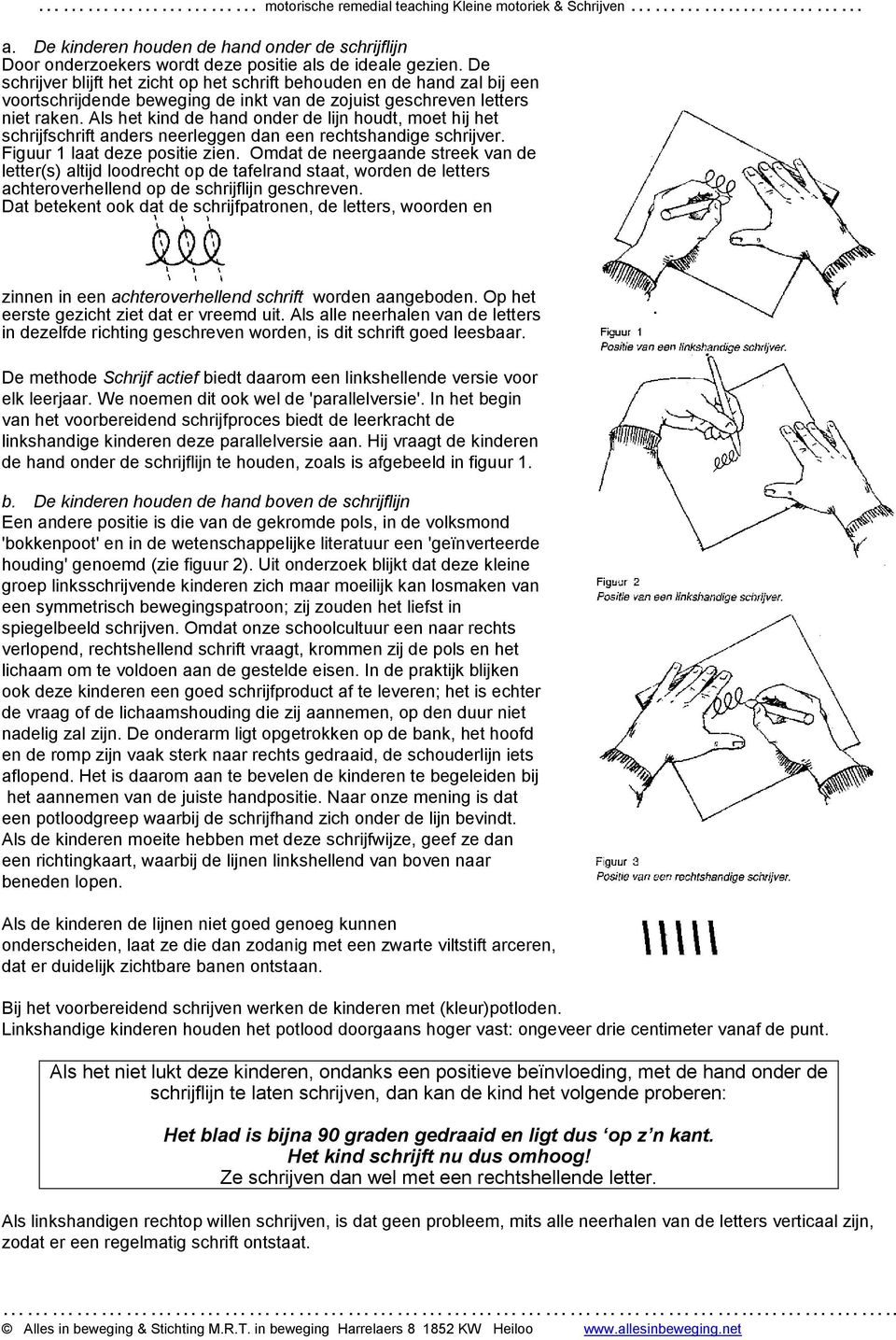 Als het kind de hand onder de lijn houdt, moet hij het schrijfschrift anders neerleggen dan een rechtshandige schrijver. Figuur 1 laat deze positie zien.
