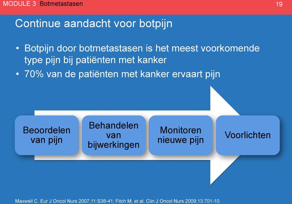 Beoordelen van pijn Behandelen van bijwerkingen Monitoren nieuwe pijn Voorlichten