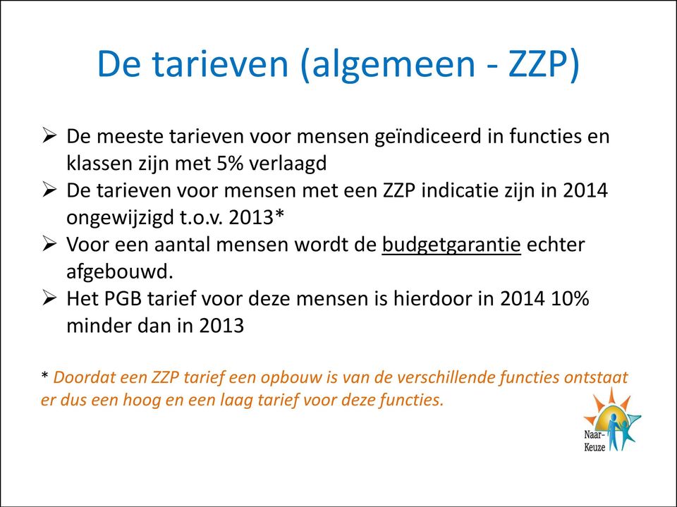 Het PGB tarief voor deze mensen is hierdoor in 2014 10% minder dan in 2013 * Doordat een ZZP tarief een opbouw is van