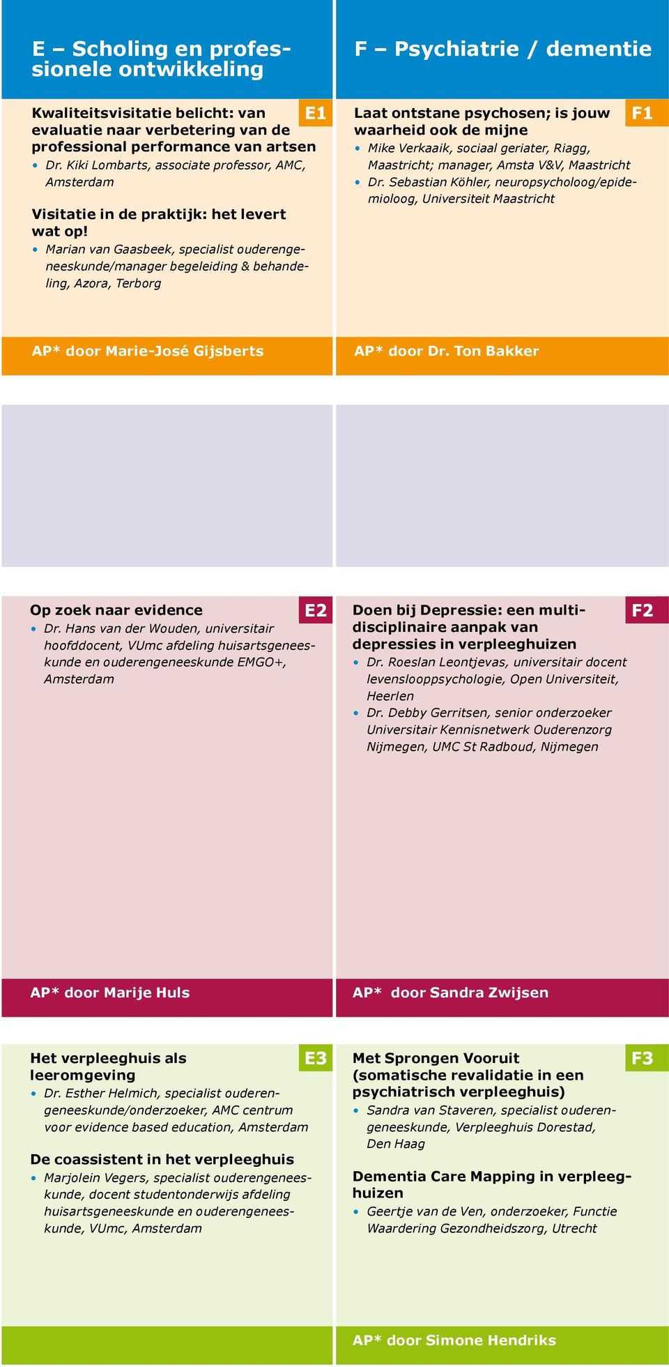 Marian van Gaasbeek, specialist ouderengeneeskunde/manager begeleiding & behandeling, Azora, Terborg Laat ontstane psychosen; is jouw F1 waarheid ook de mijne Mike Verkaaik, sociaal geriater, Riagg,