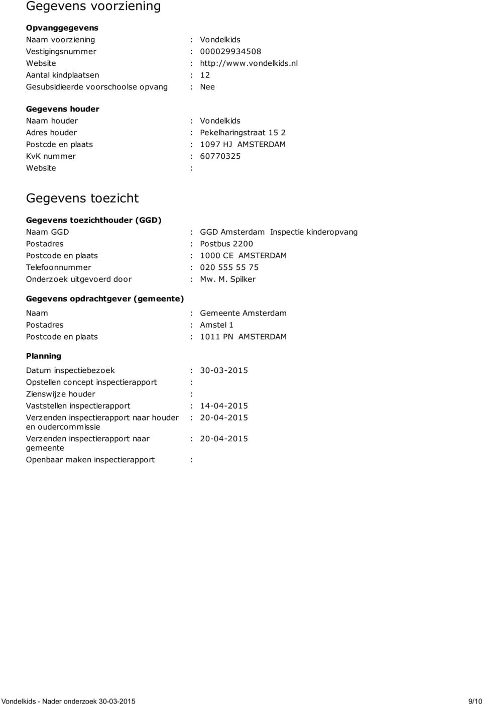 60770325 Website : Gegevens toezicht Gegevens toezichthouder (GGD) Naam GGD : GGD Amsterdam Inspectie kinderopvang Postadres : Postbus 2200 Postcode en plaats : 1000 CE AMSTERDAM Telefoonnummer : 020