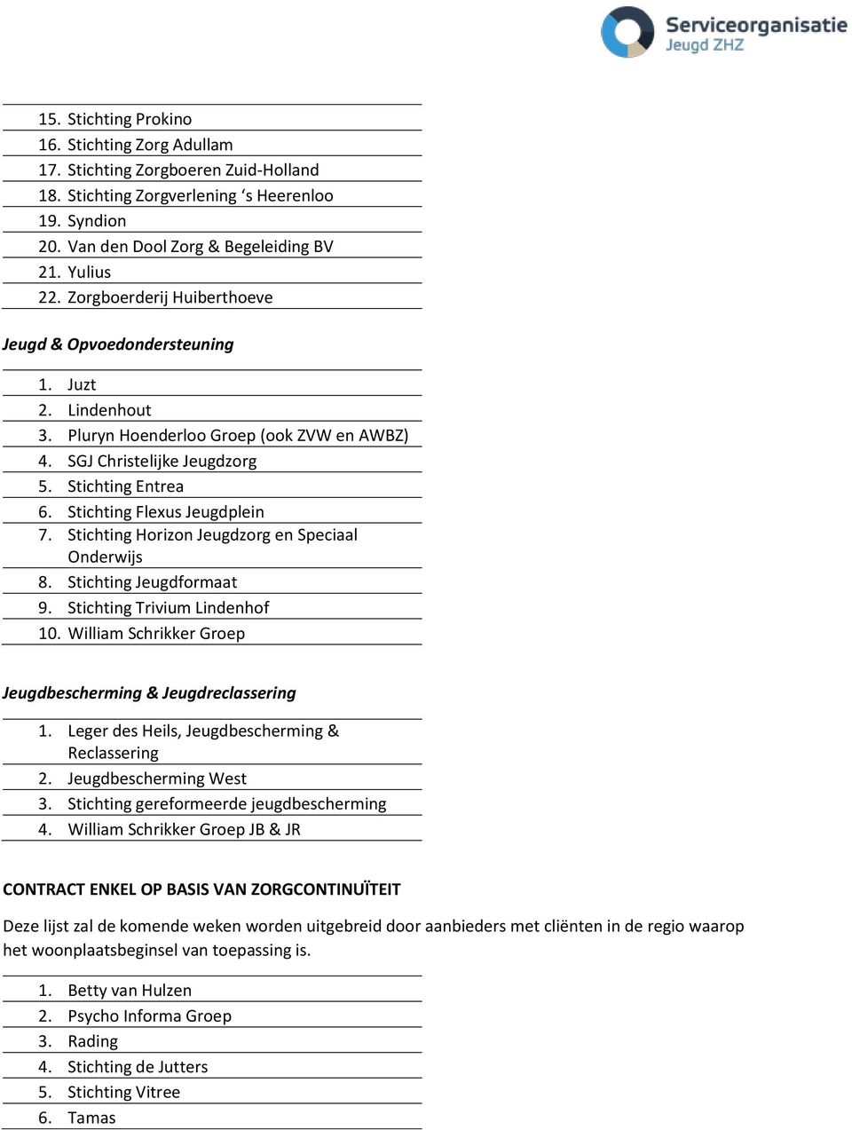 Stichting Flexus Jeugdplein 7. Stichting Horizon Jeugdzorg en Speciaal Onderwijs 8. Stichting Jeugdformaat 9. Stichting Trivium Lindenhof 10.