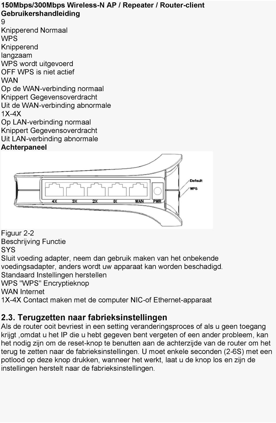 voedingsadapter, anders wordt uw apparaat kan worden beschadigd. Standaard Instellingen herstellen WPS "WPS" Encryptieknop WAN Internet 1X-4X Contact maken met de computer NIC-of Ethernet-apparaat 2.