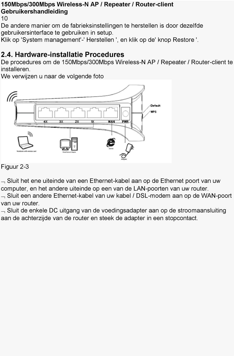 Hardware-installatie Procedures De procedures om de 150Mbps/300Mbps Wireless-N AP / Repeater / Router-client te installeren.