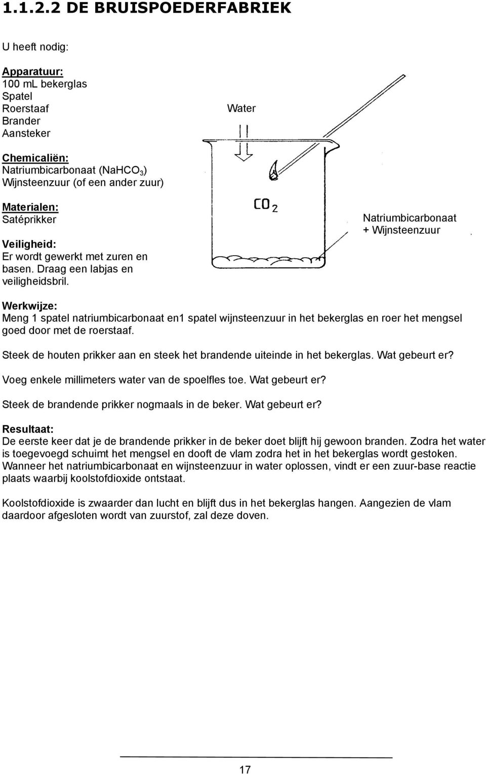 Steek de houten prikker aan en steek het brandende uiteinde in het bekerglas. Wat gebeurt er? Voeg enkele millimeters water van de spoelfles toe. Wat gebeurt er? Steek de brandende prikker nogmaals in de beker.