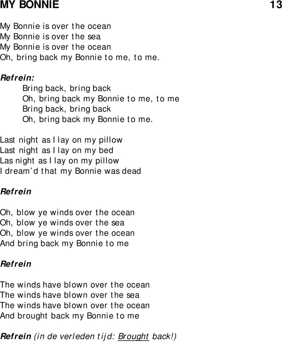 Last night as I lay on my pillow Last night as I lay on my bed Las night as I lay on my pillow I dream d that my Bonnie was dead Oh, blow ye winds over the ocean Oh, blow