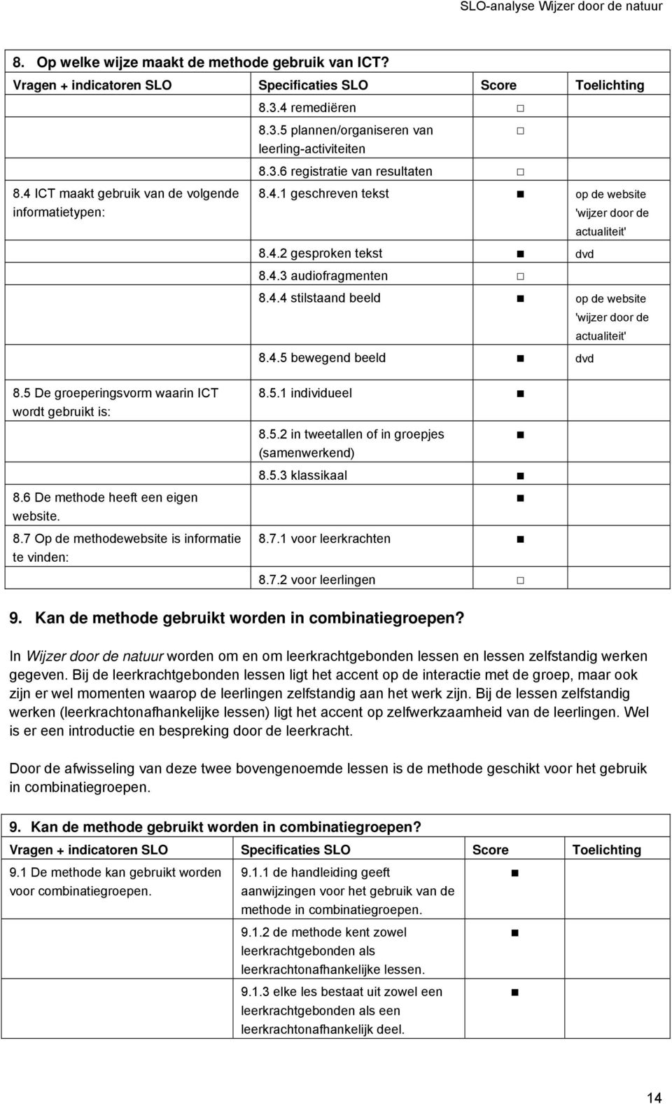 5 De groeperingsvorm waarin ICT wordt gebruikt is: 8.6 De methode heeft een eigen website. 8.7 Op de methodewebsite is informatie te vinden: 8.5.1 individueel 8.5.2 in tweetallen of in groepjes (samenwerkend) 8.