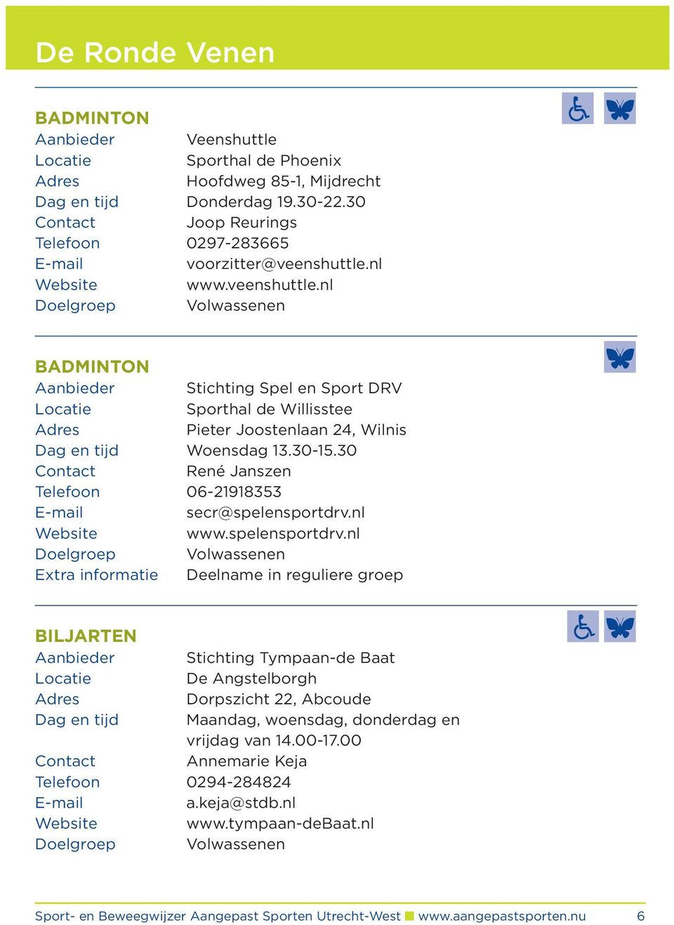 nl www.veenshuttle.nl Badminton Aanbieder Stichting Spel en Sport DRV Sporthal de Willisstee Pieter Joostenlaan 24, Wilnis Dag en tijd Woensdag 13.30-15.