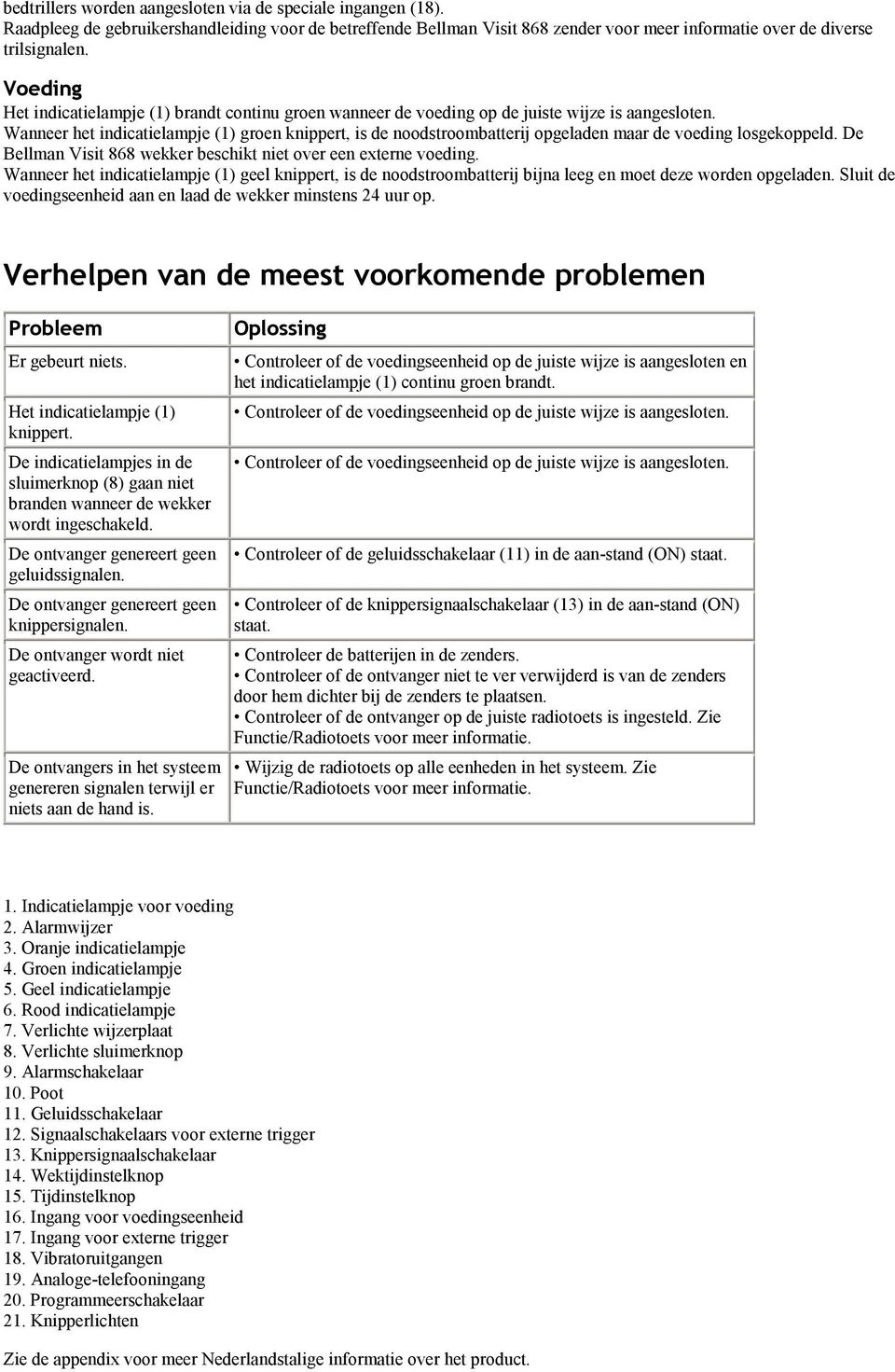 Wanneer het indicatielampje (1) groen knippert, is de noodstroombatterij opgeladen maar de voeding losgekoppeld. De Bellman Visit 868 wekker beschikt niet over een externe voeding.