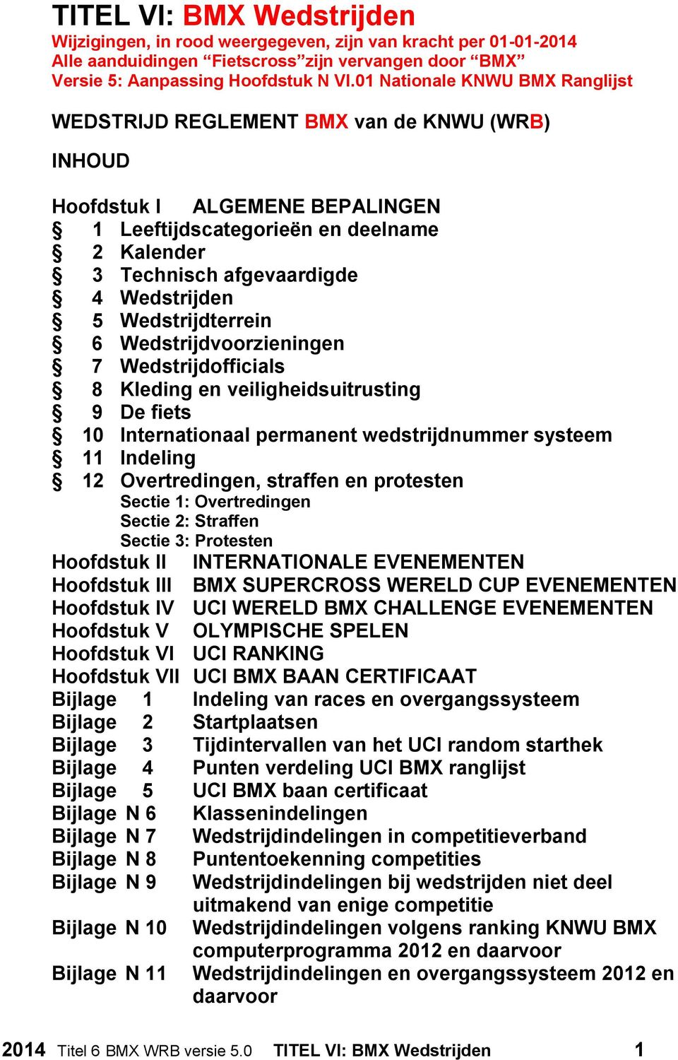 5 Wedstrijdterrein 6 Wedstrijdvoorzieningen 7 Wedstrijdofficials 8 Kleding en veiligheidsuitrusting 9 De fiets 10 Internationaal permanent wedstrijdnummer systeem 11 Indeling 12 Overtredingen,