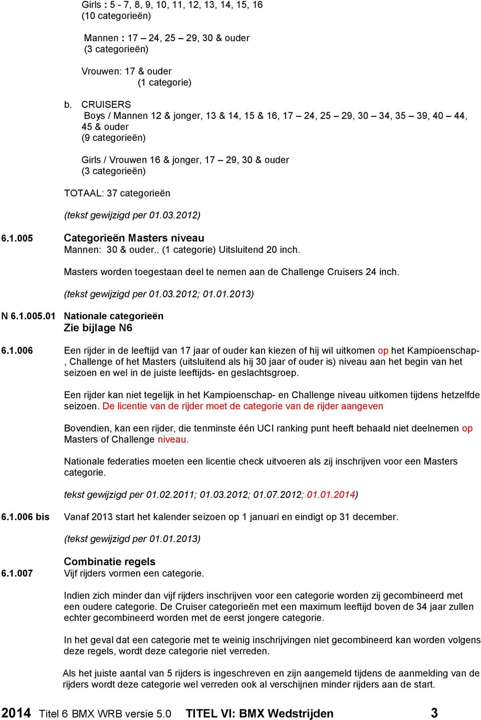 categorieën (tekst gewijzigd per 01.03.2012) 6.1.005 Categorieën Masters niveau Mannen: 30 & ouder.. (1 categorie) Uitsluitend 20 inch.