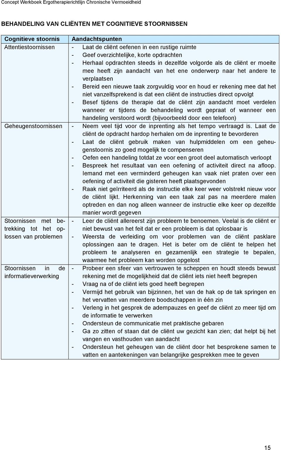 rekening mee dat het niet vanzelfsprekend is dat een cliënt de instructies direct opvolgt - Besef tijdens de therapie dat de cliënt zijn aandacht moet verdelen wanneer er tijdens de behandeling wordt