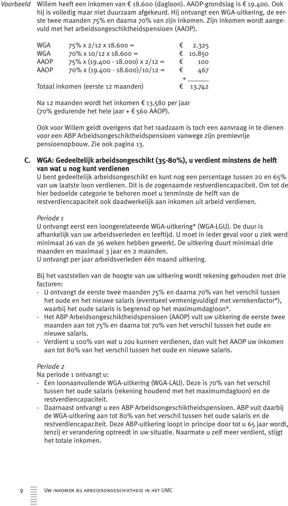 325 WGA 70% x 10/12 x 18.600 = v 10.850 AAOP 75% x (19.400-18.000) x 2/12 = v 100 AAOP 70% x (19.400-18.600)/10/12 = v 467 + Totaal inkomen (eerste 12 maanden) v 13.