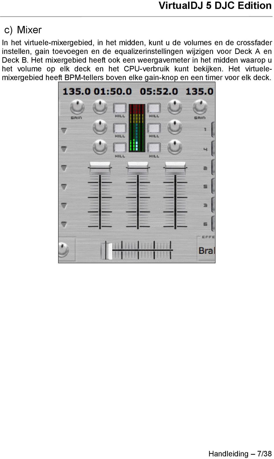 Het mixergebied heeft ook een weergavemeter in het midden waarop u het volume op elk deck en het