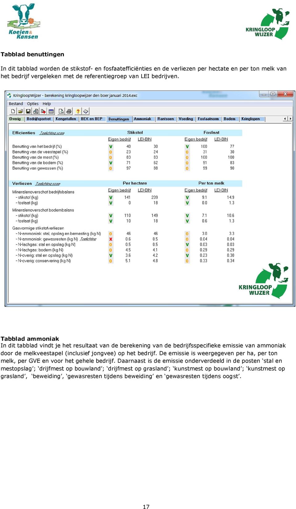 Tabblad ammoniak In dit tabblad vindt je het resultaat van de berekening van de bedrijfsspecifieke emissie van ammoniak door de melkveestapel (inclusief jongvee) op het