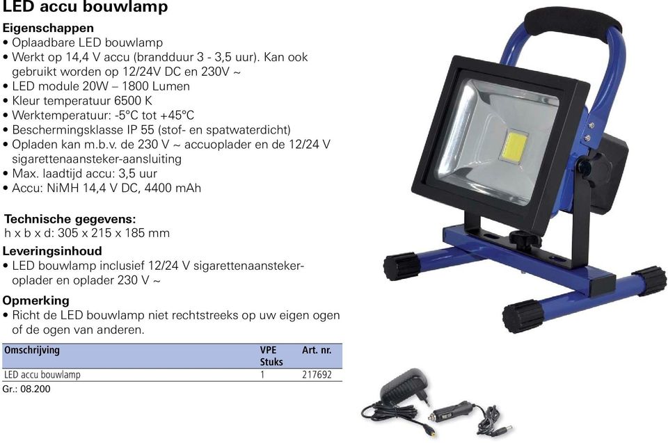 spatwaterdicht) Opladen kan m.b.v. de 230 V ~ accuoplader en de 12/24 V sigarettenaansteker-aansluiting Max.