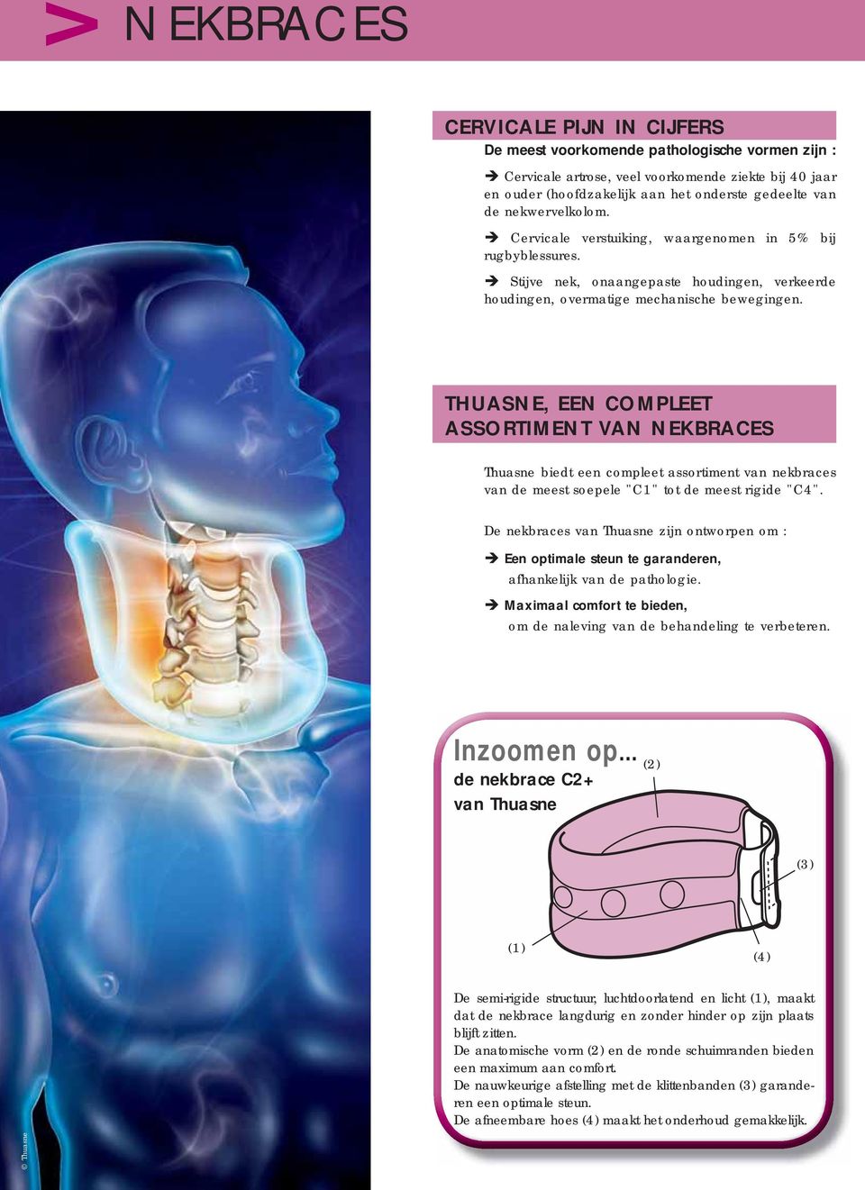 THUASNE, EEN COMPLEET ASSORTIMENT VAN NEKBRACES Thuasne biedt een compleet assortiment van nekbraces van de meest soepele "C1" tot de meest rigide "C4".