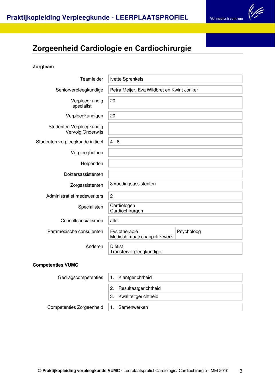 Paramedische consulenten Anderen Cardiologen Cardiochirurgen alle Fysiotherapie Medisch maatschappelijk werk Diëtist Transferverpleegkundige Psycholoog Competenties VUMC Gedragscompetenties