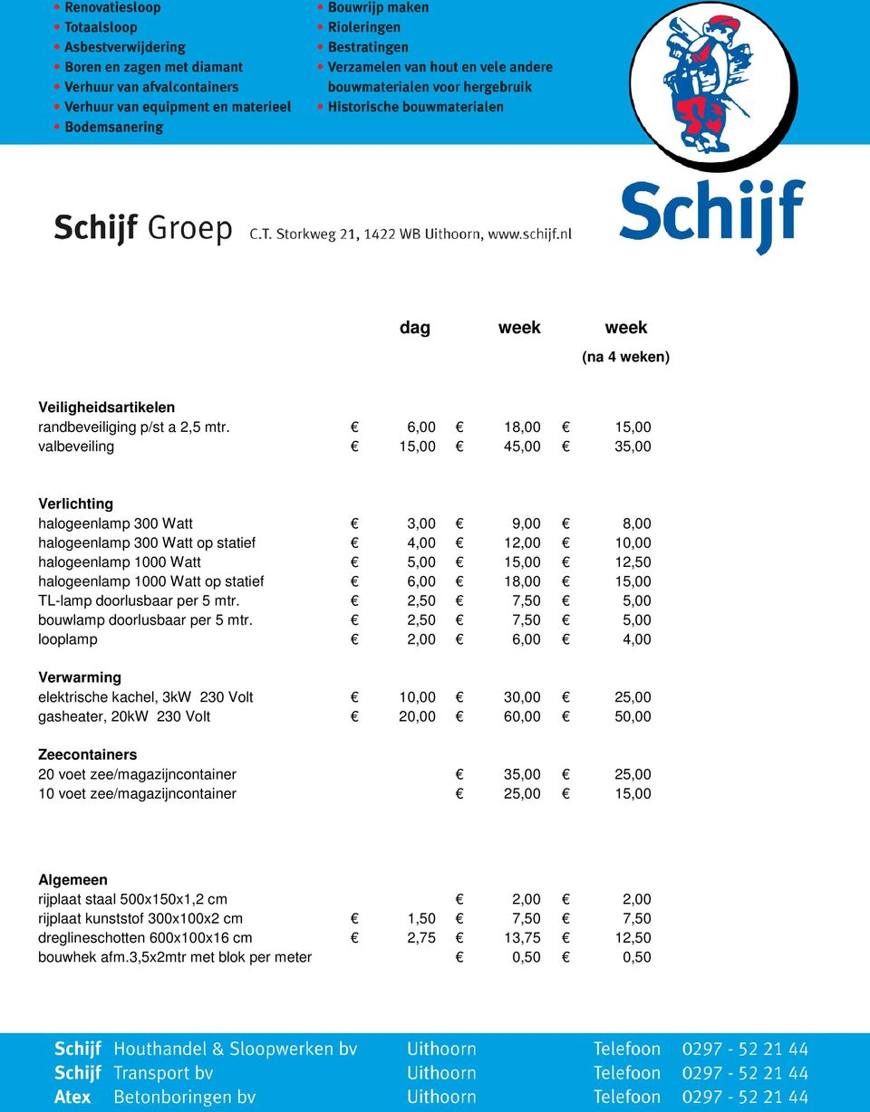 1000 Watt op statief 6,00 18,00 15,00 TL-lamp doorlusbaar per 5 mtr. 2,50 7,50 5,00 bouwlamp doorlusbaar per 5 mtr.