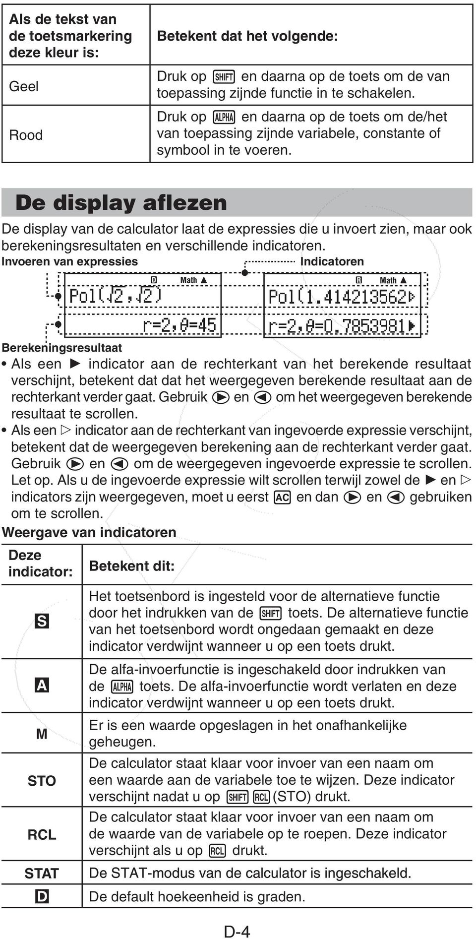 De display aflezen De display van de calculator laat de expressies die u invoert zien, maar ook berekeningsresultaten en verschillende indicatoren.