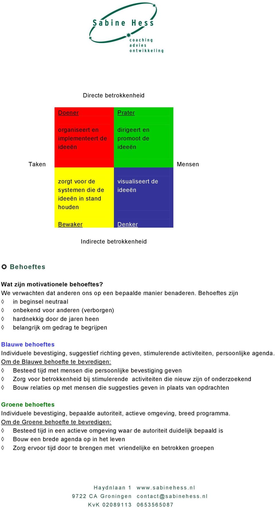 Behoeftes zijn in beginsel neutraal onbekend voor anderen (verborgen) hardnekkig door de jaren heen belangrijk om gedrag te begrijpen Blauwe behoeftes Individuele bevestiging, suggestief richting