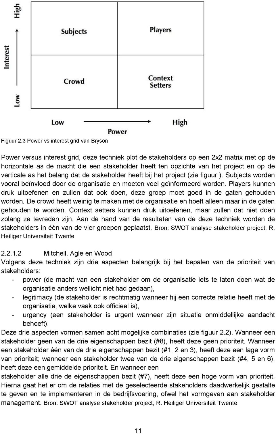 project en op de verticale as het belang dat de stakeholder heeft bij het project (zie figuur ). Subjects worden vooral beïnvloed door de organisatie en moeten veel geïnformeerd worden.