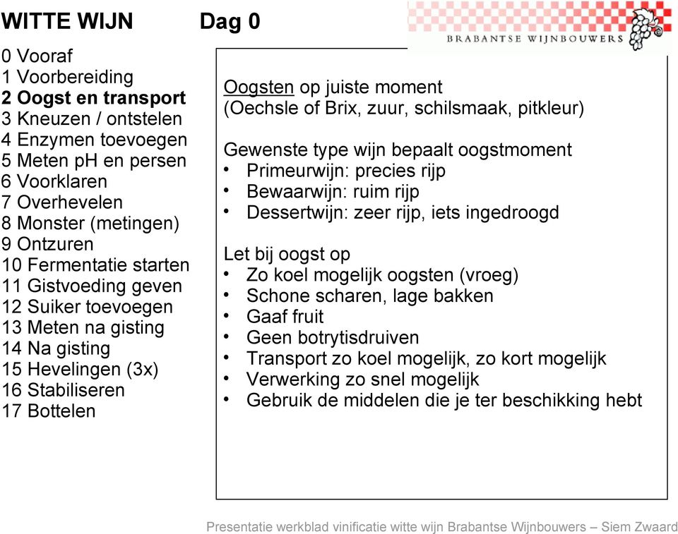 bepaalt oogstmoment Primeurwijn: precies rijp Bewaarwijn: ruim rijp Dessertwijn: zeer rijp, iets ingedroogd Let bij oogst op Zo koel mogelijk oogsten (vroeg) Schone