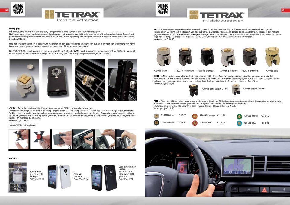 Dankzij het gepatenteerde magneetsysteem van Tetrax, is dit een unieke oplossing om veilig uw telefoon, navigatie en/of MP3 speler in uw auto bevestigen.