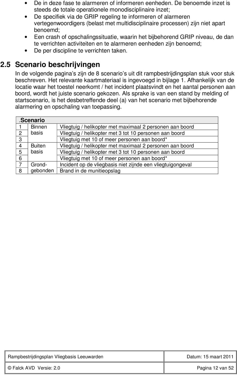 zijn niet apart benoemd; Een crash of opschalingssituatie, waarin het bijbehorend GRIP niveau, de dan te verrichten activiteiten en te alarmeren eenheden zijn benoemd; De per discipline te verrichten
