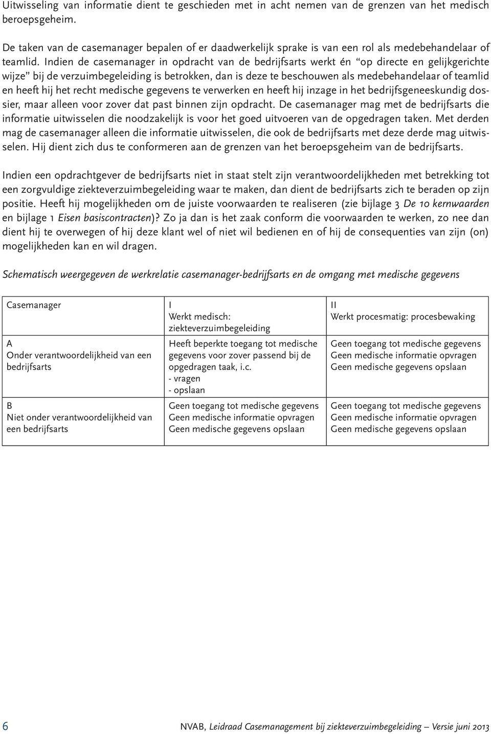 Indien de casemanager in opdracht van de bedrijfsarts werkt én op directe en gelijkgerichte wijze bij de verzuimbegeleiding is betrokken, dan is deze te beschouwen als medebehandelaar of teamlid en