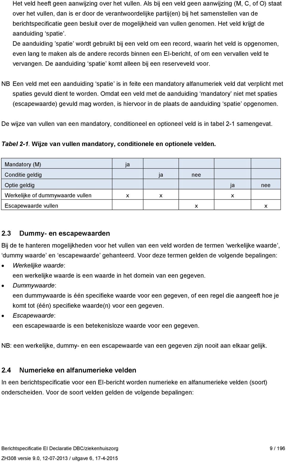 van vullen genomen. Het veld krijgt de aanduiding spatie.