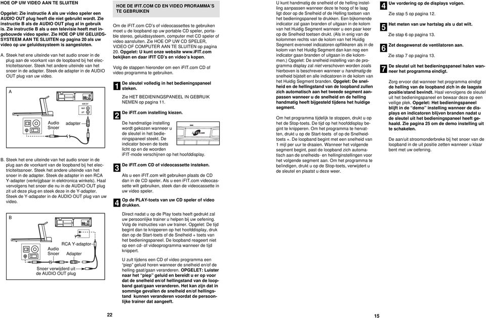 Zie HOE OP UW GELUIDS- SYSTEEM AAN TE SLUITEN op pagina 0 als uw video op uw geluidssysteem is aangesloten. A. Steek het ene uiteinde van het audio snoer in de plug aan de voorkant van de loopband bij het electriciteitssnoer.