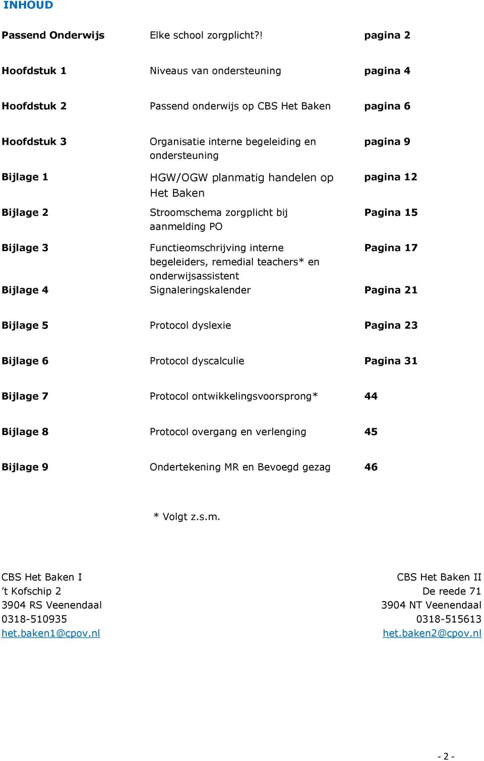 HGW/OGW planmatig handelen op Het Baken Stroomschema zorgplicht bij aanmelding PO pagina 9 pagina 12 Pagina 15 Bijlage 3 Functieomschrijving interne Pagina 17 begeleiders, remedial teachers* en