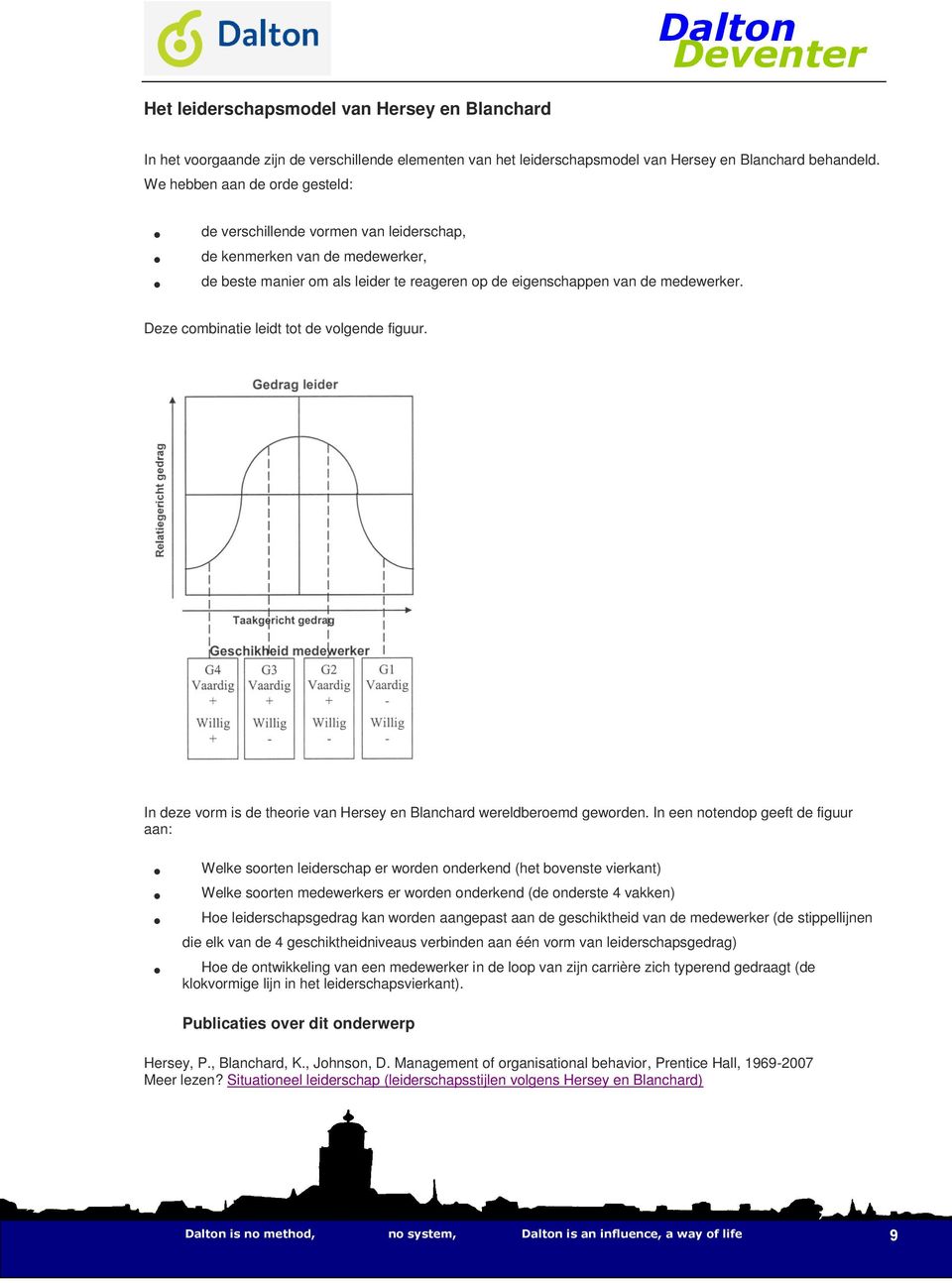 Deze combinatie leidt tot de volgende figuur. In deze vorm is de theorie van Hersey en Blanchard wereldberoemd geworden.