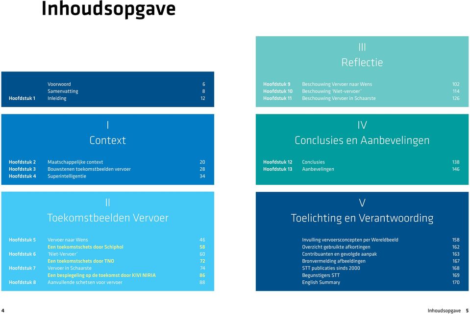 Hoofdstuk 13 Aanbevelngen 146 II Toekomstbeelden Vervoer V Toelchtng en Verantwoordng Hoofdstuk 5 Vervoer naar Wens 46 Een toekomstschets door Schphol 58 Hoofdstuk 6 Net-Vervoer 60 Een toekomstschets