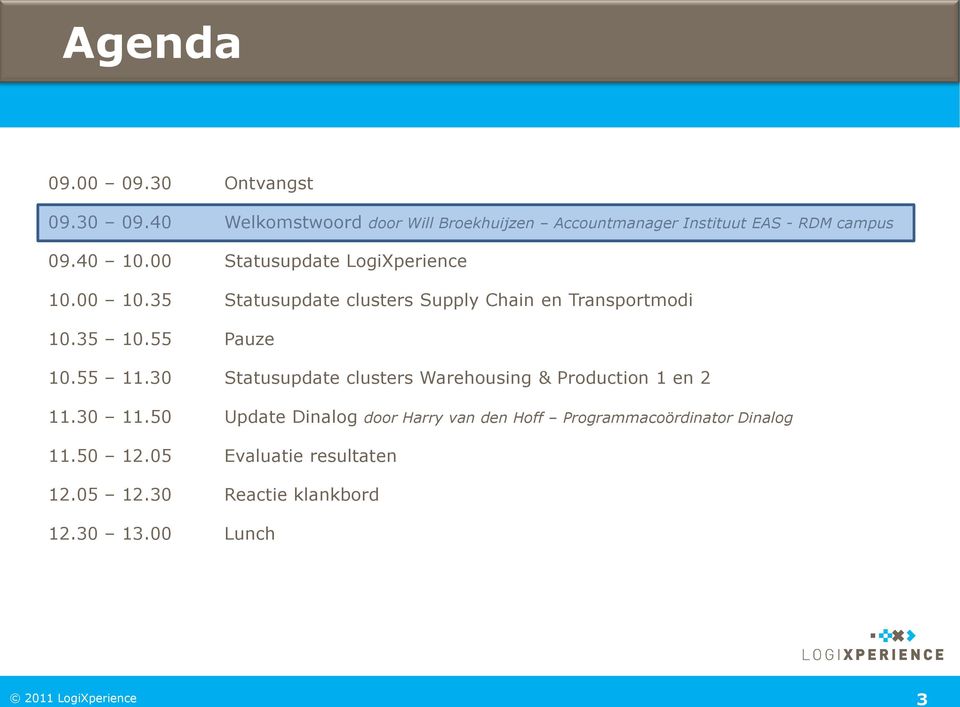 00 Statusupdate LogiXperience 10.00 10.35 Statusupdate clusters Supply Chain en Transportmodi 10.35 10.55 Pauze 10.