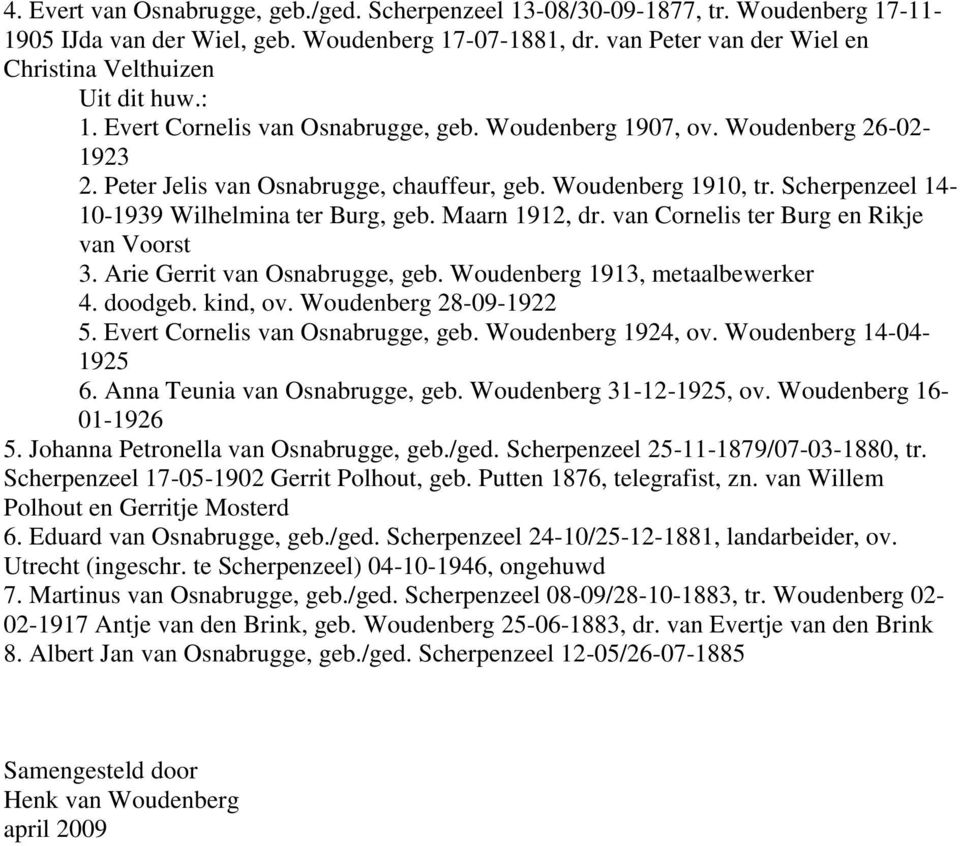 Maarn 1912, dr. van Cornelis ter Burg en Rikje van Voorst 3. Arie Gerrit van Osnabrugge, geb. Woudenberg 1913, metaalbewerker 4. doodgeb. kind, ov. Woudenberg 28-09-1922 5.