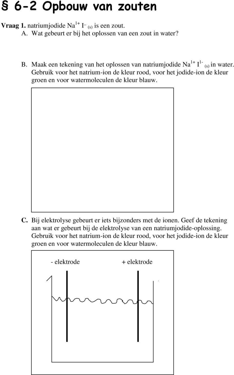 Gebruik voor het natrium-ion de kleur rood, voor het jodide-ion de kleur groen en voor watermoleculen de kleur blauw. C.