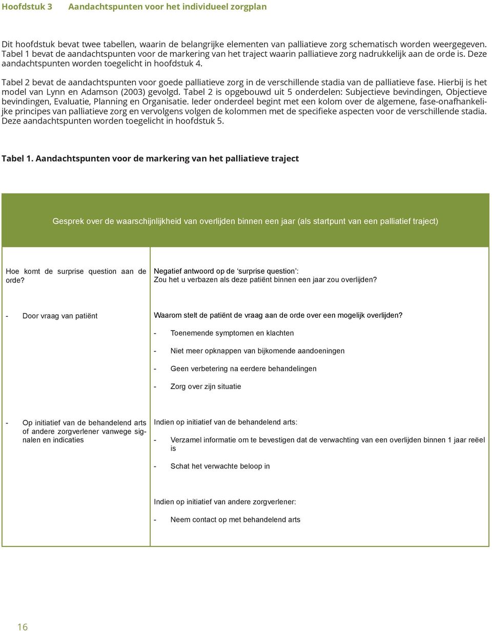 Tabel 2 bevat de aandachtspunten voor goede palliatieve zorg in de verschillende stadia van de palliatieve fase. Hierbij is het model van Lynn en Adamson (2003) gevolgd.