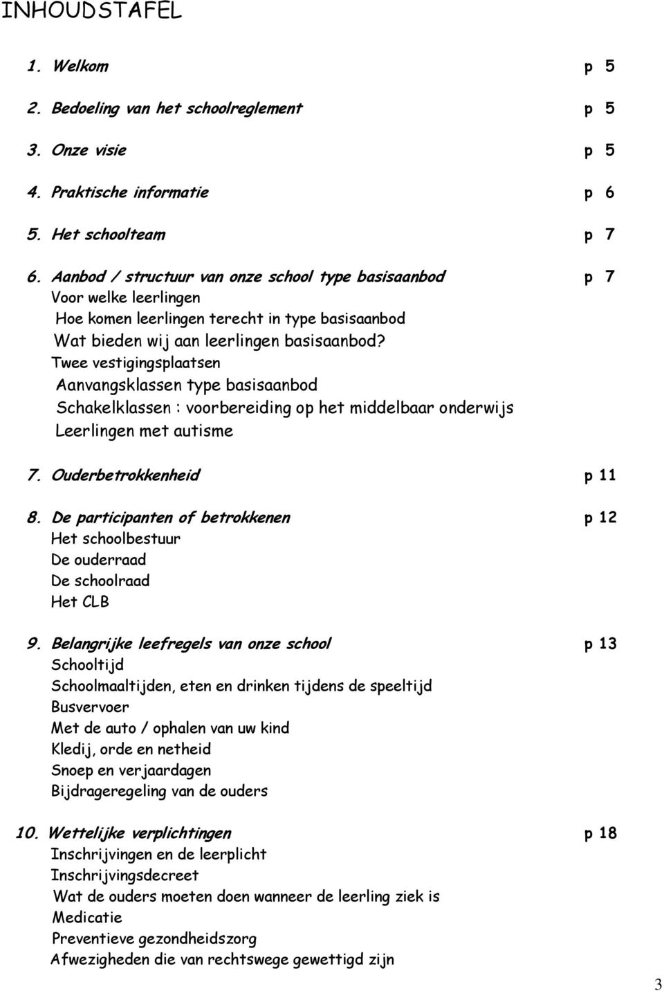 Twee vestigingsplaatsen Aanvangsklassen type basisaanbod Schakelklassen : voorbereiding op het middelbaar onderwijs Leerlingen met autisme 7. Ouderbetrokkenheid p 11 8.